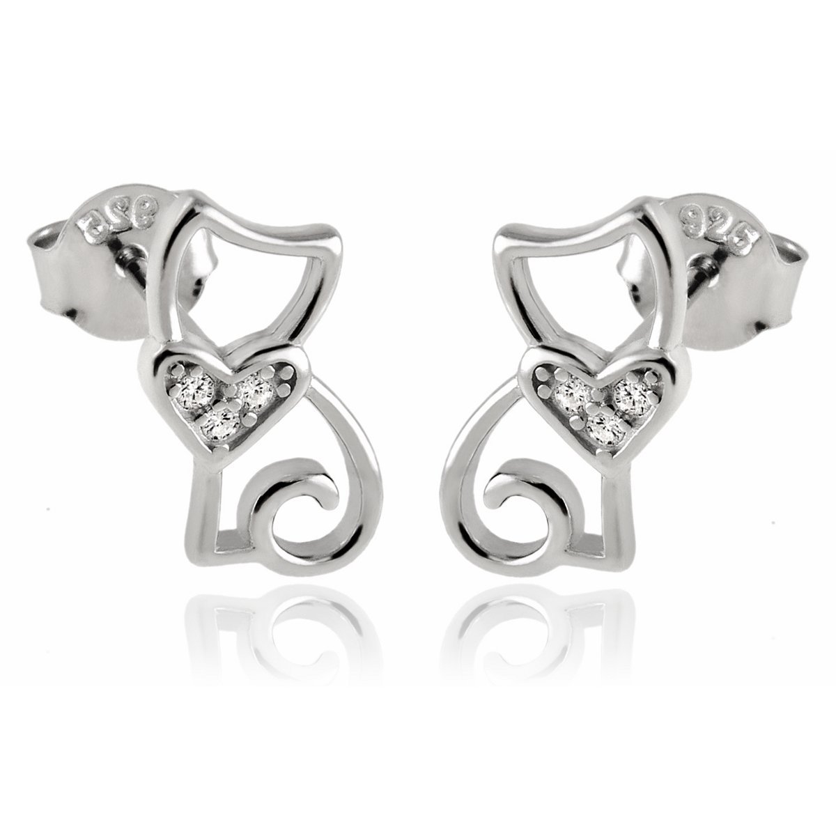 Kolczyki kot kotki z sercem srebro 925 Uroczy motyw z cyrkoniowym blaskiem k3862 1,1 g.