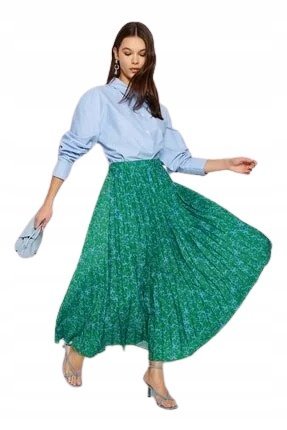 TRENDYOL ZIELONA ROZKLOSZOWANA SPÓDNICA W NIEBIESKIE KWIATY MIDI 42 5_A