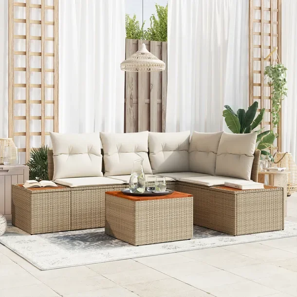 Zestaw Narożny Sofa Ogrodowa z Schowkami, Beżowy Polirattan, 5 Elementów