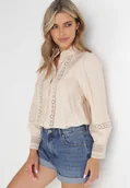 Koszule damskie - Jasnobeżowa Koszula ze Stójką i Koronką Argochis - miniaturka - grafika 1