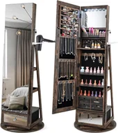 Szafki łazienkowe - Szafka na biżuterię COSTWAY obracana o 360° z pełnowymiarowym lustrem, zamykane oświetlenie LED, stojące lustro na biżuterię (rustykalny brąz) - miniaturka - grafika 1