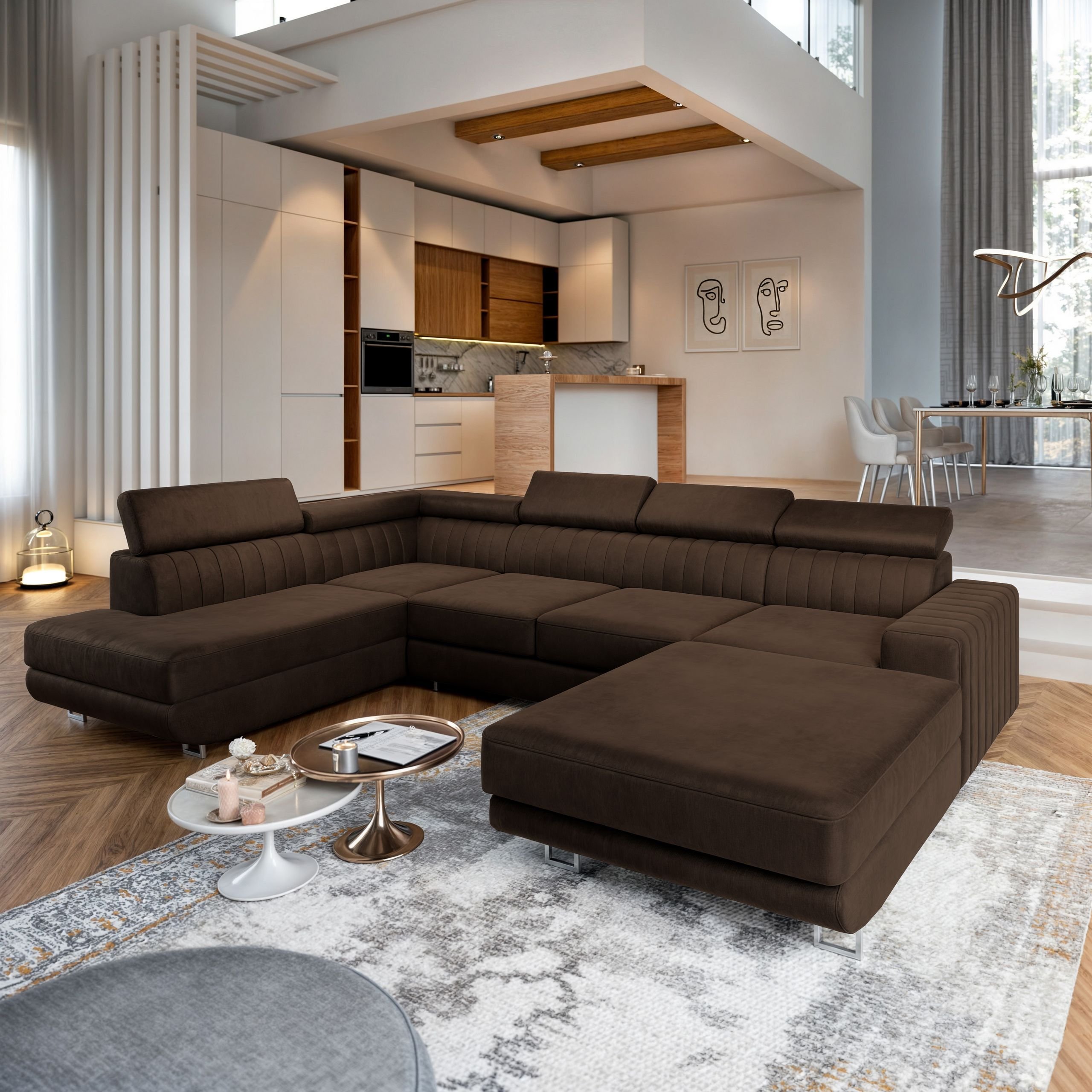 Masseno Narożnik SIENA R-S z funkcją spania i pojemnikiem na pościel Kształt U, Rozkładana sofa, Rogówka - Brązowy, MONOLITH 29