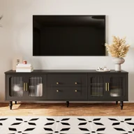 Szafki RTV - Merax szafka pod TV z szufladami i drzwiczkami, stolik pod TV ze szklanymi drzwiczkami, stolik pod TV vintage, stolik pod TV stojący, 175x38x55,5 cm, czarny - miniaturka - grafika 1