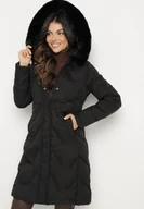 Kurtki damskie - Czarna Kurtka Pikowana o Długim Fasonie z Kapturem i Futrem Vertizola - miniaturka - grafika 1