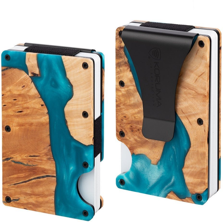 Aluminiowe etui z klipsem na karty kredytowe drewno + turkusowa żywica Uniwersalny