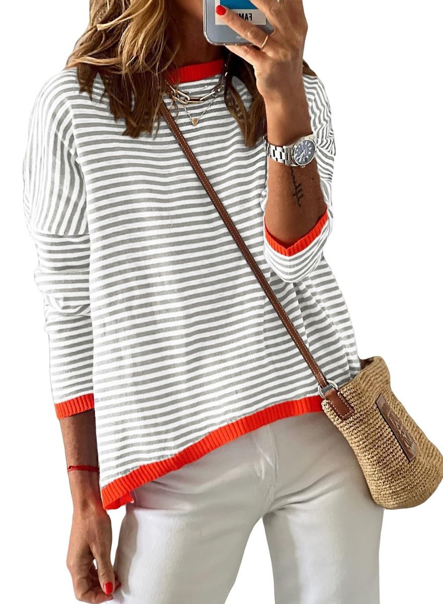 Damski Sweter Okrągły Dekolt Długi Rękaw W Paski Jesienno Zimowy Szary XXL