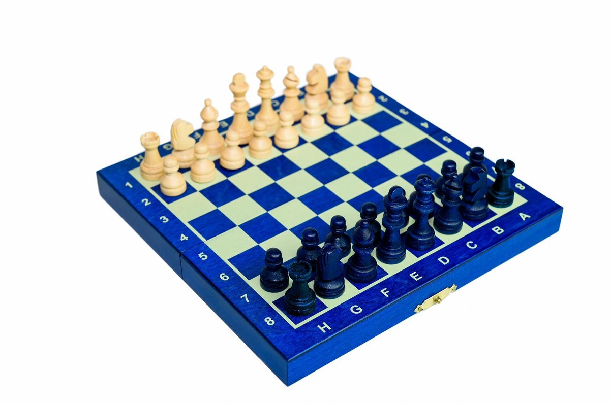 Szachy drewniane MAGNETYCZNE mini (20cm) - niebieskie