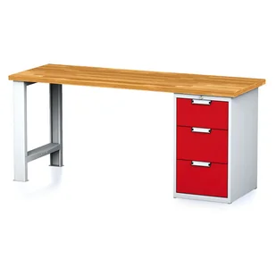 Stół warsztatowy MECHANIC, 2000x685x880 mm, 1x szufladowy kontener, 3 szuflady, szary/czerwony - Stoły warsztatowe - miniaturka - grafika 1