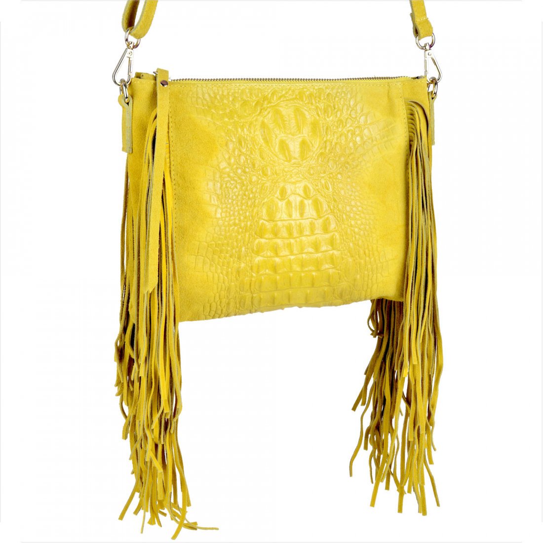 Włoska listonoszka z frędzlami skóra naturalna żółta wzór aligatora