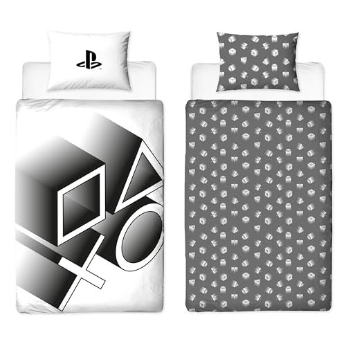 Character World PlayStation oficjalny zestaw poszewek na kołdrę rozciągliwy design gamingowy dwustronny dwustronny komplet pościeli z pasującą poszewką na poduszkę pojedynczą czarno-biały zestaw
