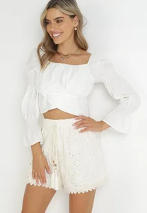 Beżowe Haftowane Szorty z Wysokim Stanem i Gumką w Pasie Kelle - Spodenki damskie - miniaturka - grafika 1