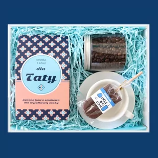 Zestaw prezentowy dla taty Elegancki Tata. Zestaw 10 kaw mielonych 10x10g o różnych smakach, kawa ziarnista Irish Whisky 200g, klasyczna biała filiżan - Zestawy upominkowe - miniaturka - grafika 1