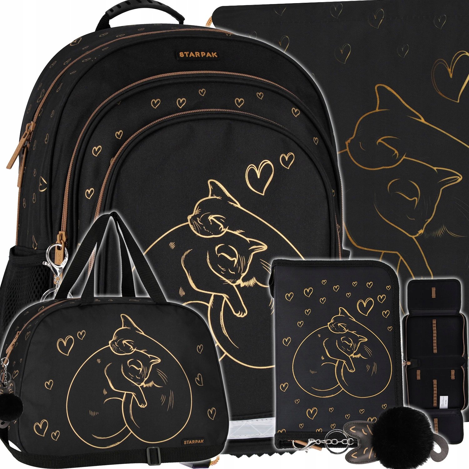 Plecak Szkolny Dla Dziewczynki Czarny Złoty Kotek Klasy 1 3 Torba Piórnik