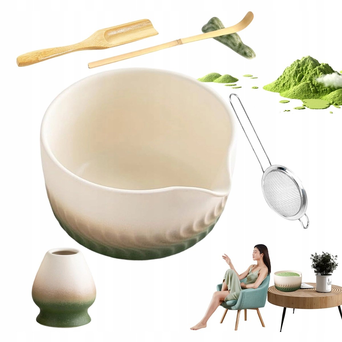 7 elementów Zestaw do matcha z bambusa i ceramiki kolor zielony