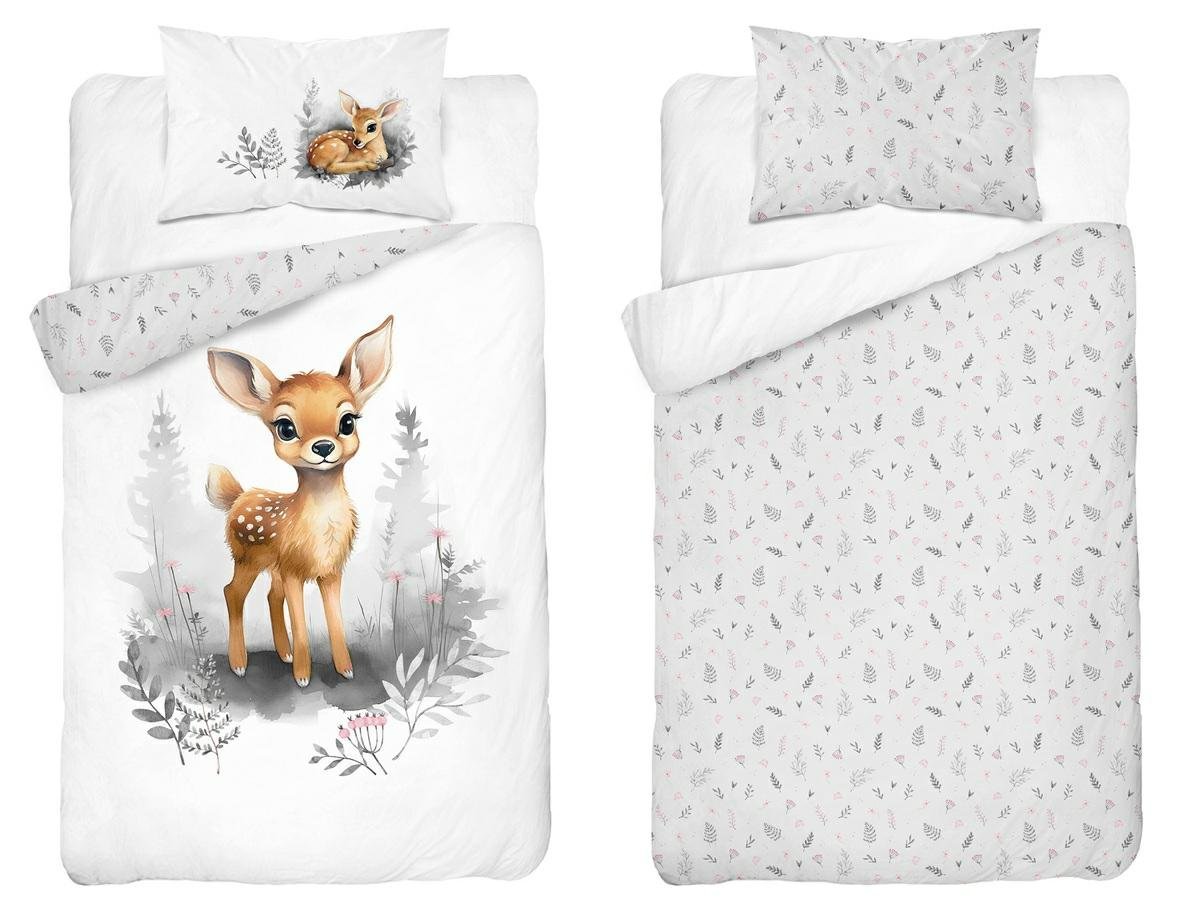 Pościel bambusowa dziecięca 90x120 biała i szara z jelonkiem Baby Bamboo