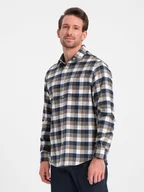 Koszule męskie - Klasyczna flanelowa męska koszula bawełniana w kratę - brązowo-granatowa V1 OM-SHCS-0157 - Ombre Clothing - miniaturka - grafika 1