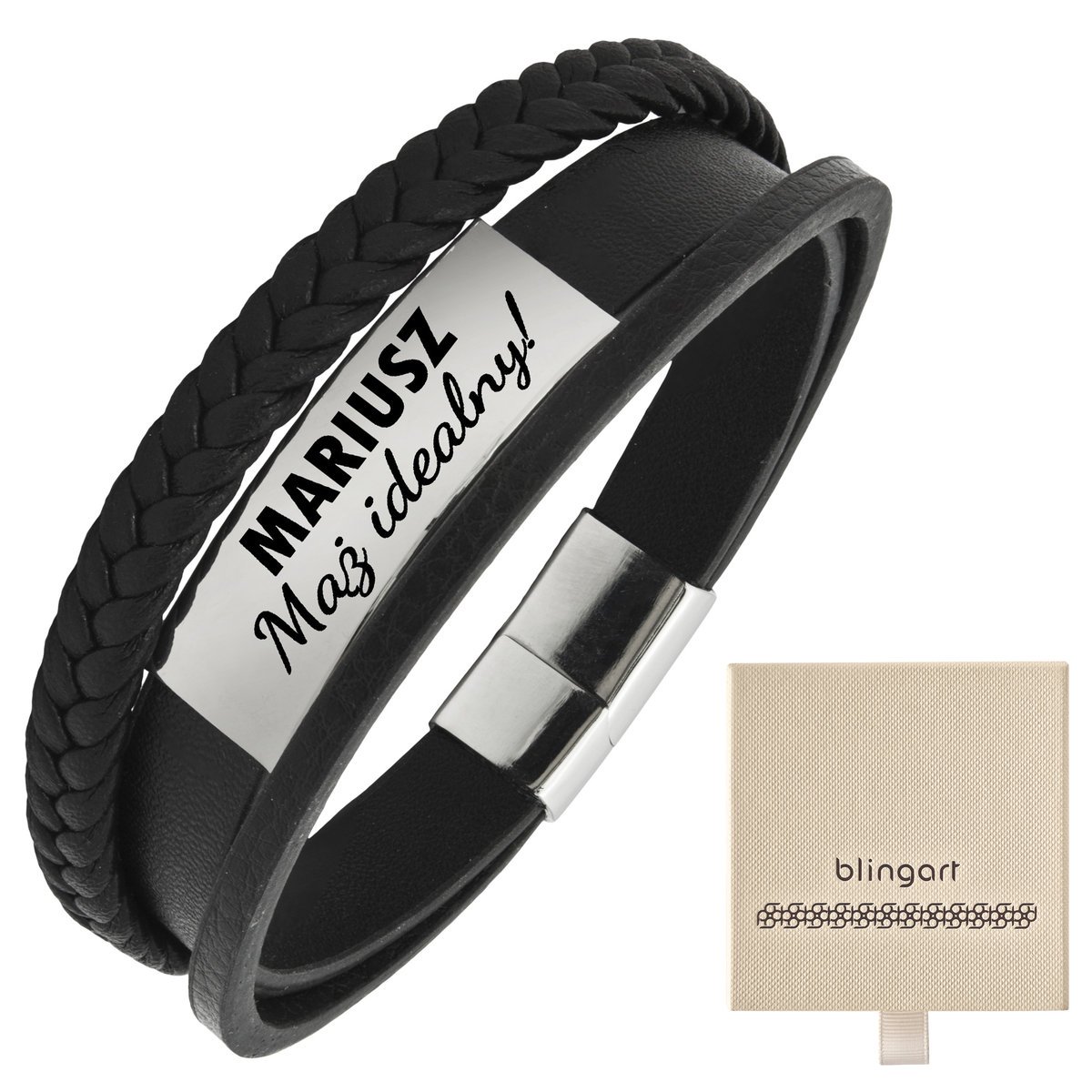 Bransoletka z grawerem skórzana męska plecionka