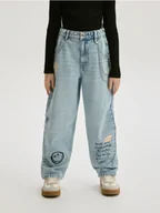 Spodnie i spodenki dla dziewczynek - Reserved - Jeansy skater z nadrukiem SmileyWorld® - niebieski - miniaturka - grafika 1