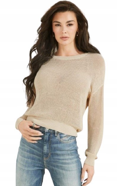 GUESS BEŻOWA DOPASOWANA BLUZKA Z DŁUGIM RĘKAWEM I GŁADKA L GNA