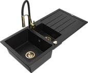 Zlewozmywaki z baterią - Mexen Andres zlewozmywak granitowy 1,5-komorowy z ociekaczem i baterią kuchenną Aster, czarny - 6515-77-73450-57-G - miniaturka - grafika 1