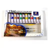 Przybory szkolne - Farby akrylowe 12 kolorów z 4 pędzelkami i paletką do farb po 12 ml w tubce KTW - miniaturka - grafika 1