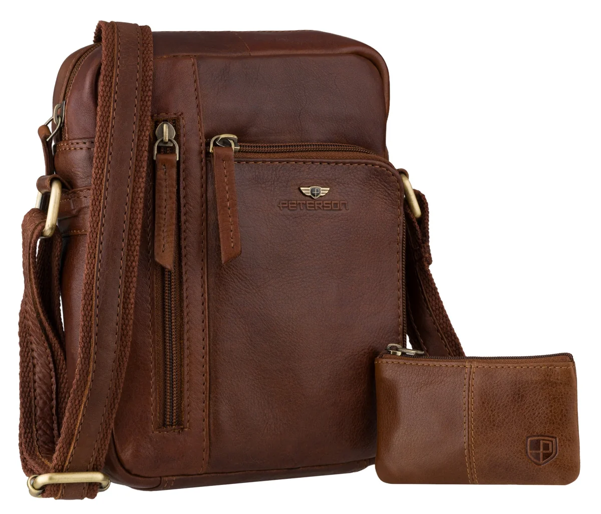Torba męska PETERSON ze skóry naturalnej listonoszka crossbody z etui na klucze brązowa