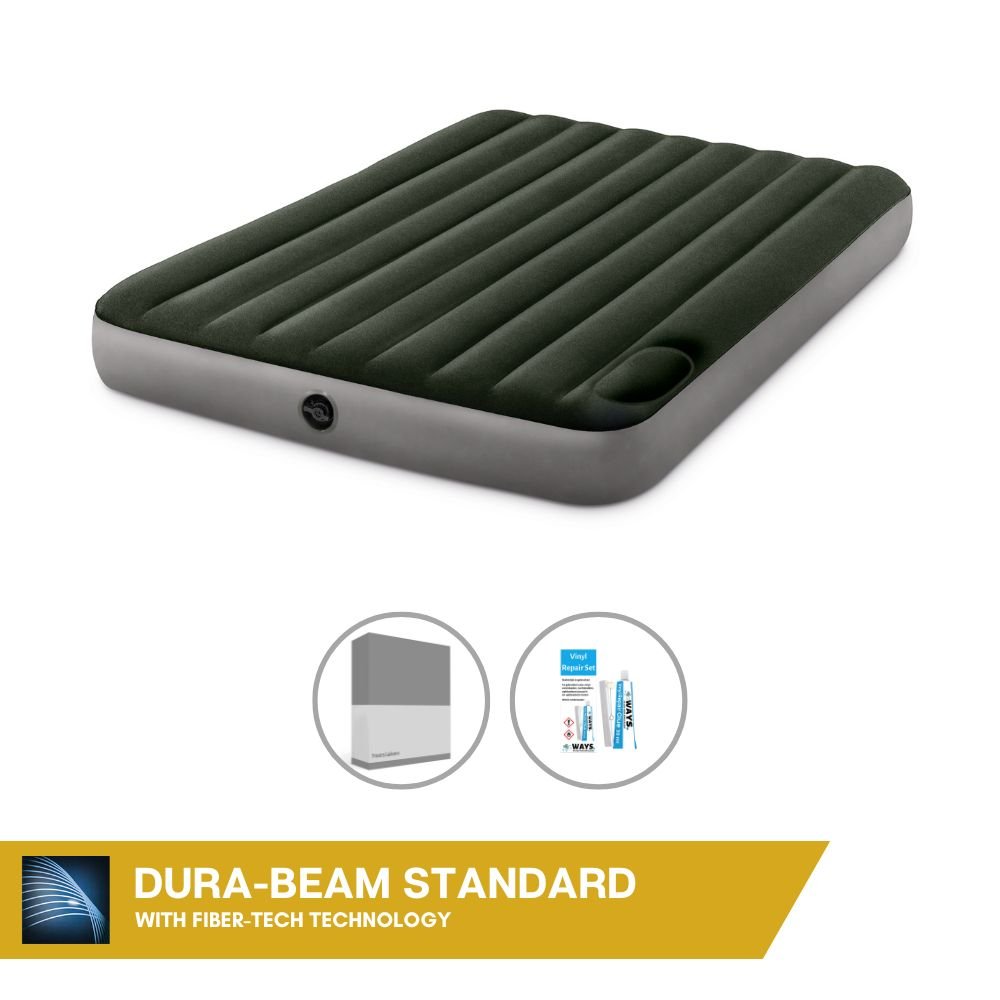Dmuchane łóżko Intex - 2 osoby - 152 x 203 x 25 cm - Zielony - Z wbudowaną pompką nożną + prześcieradło antracytowe + zestaw naprawczy