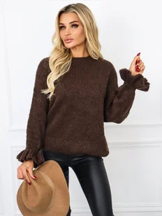 SWETER PLECIONY RĘKAW ZAKOŃCZONY FALBANĄ- CIEMNO BRĄZOWY - Olika - Swetry damskie - miniaturka - grafika 1
