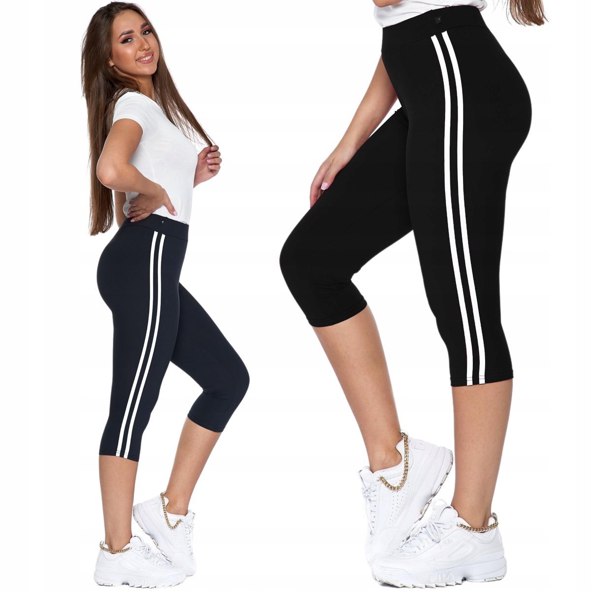 SPORTOWE LEGGINSY DAMSKIE 3/4 KLASYCZNE GETRY CZARNE Z LAMPASEM MORAJ XXL BLACK