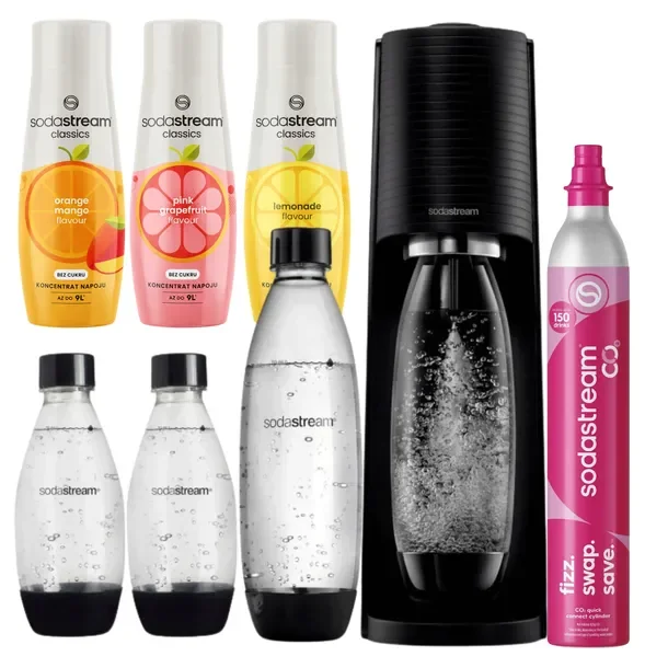 Saturator SodaStream Terra czarny + 3 butelki + 3 cytrusowe syropy + CO2
