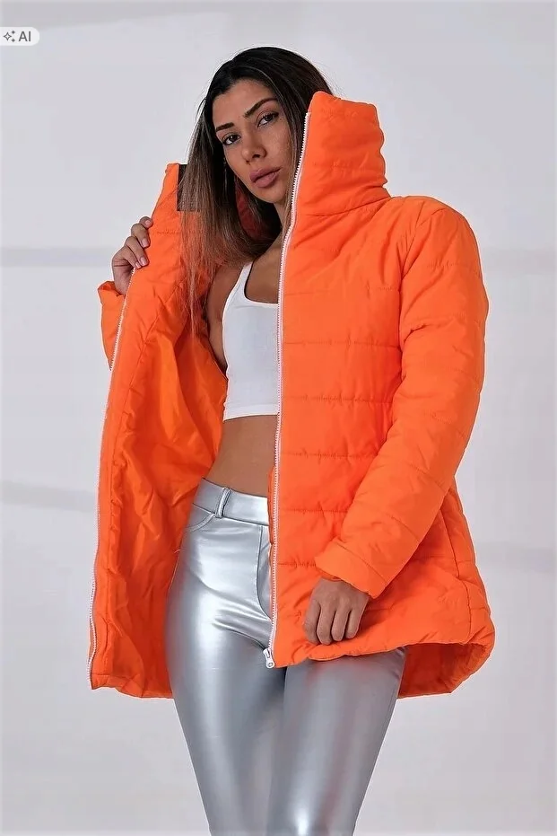 PIKOWANA KURTKA DAMSKA W KOLORZE POMARAŃCZOWYM OVERSIZE 38 5IA