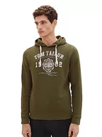 Bluzy męskie - TOM TAILOR Męska bluza z kapturem basic z nadrukiem logo, 13050-olive Night Green, M - miniaturka - grafika 1