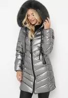 Kurtki damskie - Srebrna Pikowana Kurtka z Kapturem Ozdobionym Futerkiem Kavenna - miniaturka - grafika 1