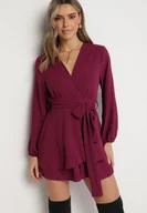 Sukienki - Fioletowa Kopertowa Sukienka Kombinezon Mini z Falbanką Bomina - miniaturka - grafika 1