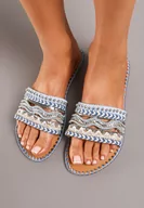 Klapki i japonki damskie - Niebieskie Płaskie Klapki Zdobione Plecionką Nitami Koronką i Imitacją Cyrkonii Illadia - miniaturka - grafika 1