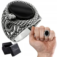 Pierścionki - Sygnet srebrny Wąż pr. 925 Pierścień z Owalnym Onyksem i wężem r. 21 - miniaturka - grafika 1