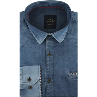 Koszule męskie - Koszula Męska Jeansowa Dżinsowa gładka niebieska z długim rękawem w kroju SLIM FIT Redpolo B009 - grafika 1