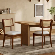 Krzesła - Komplet 2 krzeseł do jadalni z litego drewna z oparciami z rattanu - siedzisko tapicerowane welurem - kolor orzechowy - miniaturka - grafika 1