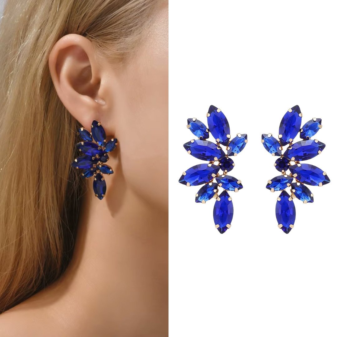 NIEBIESKIE kolczyki skrzydła z cyrkoniami listki oczka kobaltowe złote