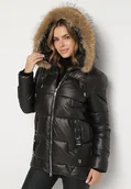 Kurtki damskie - Czarna Pikowana Kurtka z Kapturem z Odpinanym Futerkiem Galiara - miniaturka - grafika 1