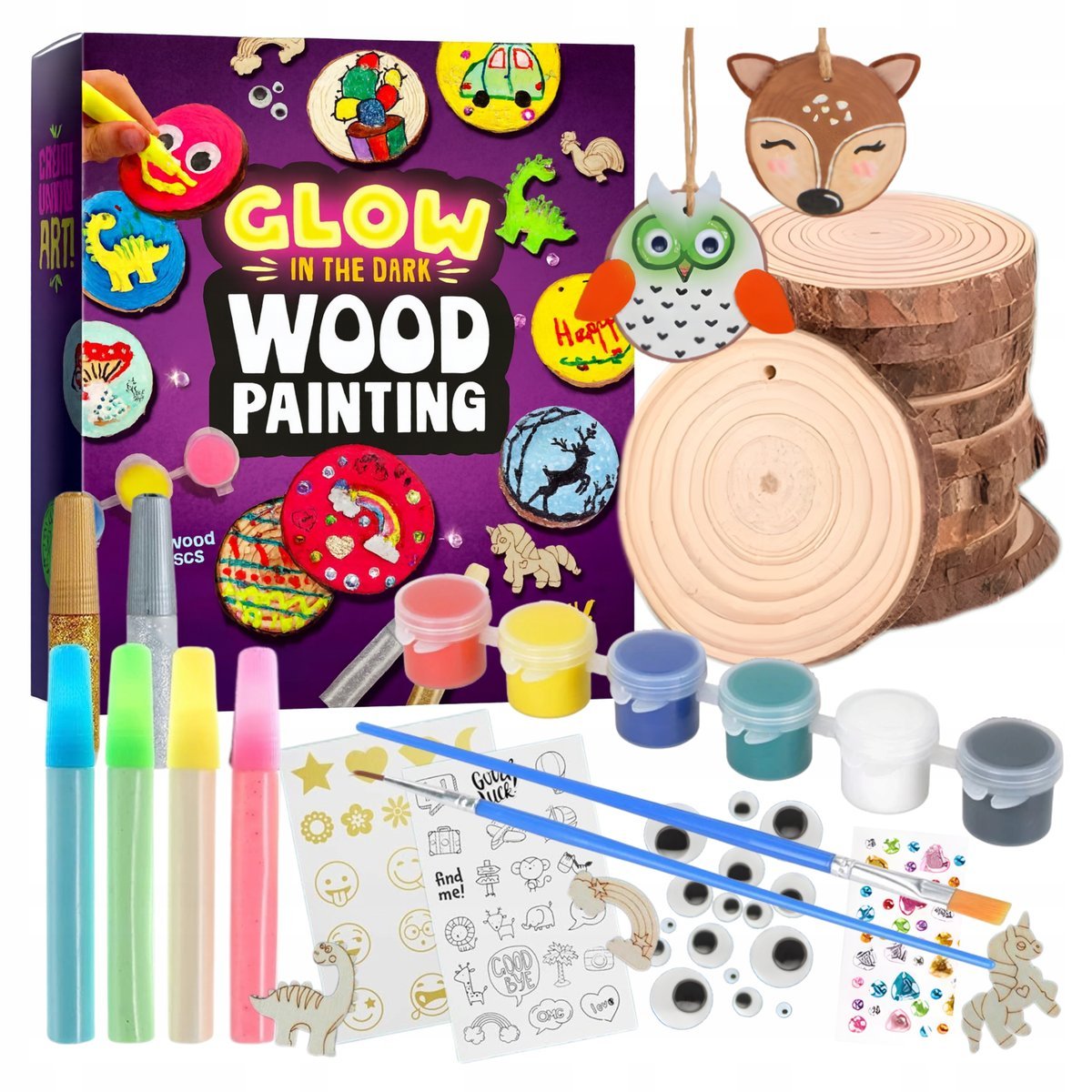 DUŻY ZESTAW DO MALOWANIA NA DREWNIE PLASTRY DIY ŚWIECĄCY W CIEMNOŚCI FARBY