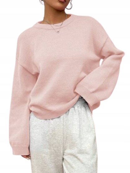 SHEIN RÓŻOWY GŁADKI SWETER Z OKRĄGŁYM DEKOLTEM I DŁUGIM RĘKAWEM S 11KA