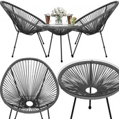 Meble ogrodowe - Meble ogrodowe rattanowe dla 2 osób stół ze szkłem hartowanym 2 fotele ażurowe czarno-szare - miniaturka - grafika 1
