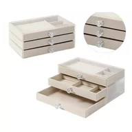 Pudełka i szkatułki - Szkatułka na biżuterię, kuferek transparentny welurowy krem Diamonds 3 szuflady PD152K - miniaturka - grafika 1