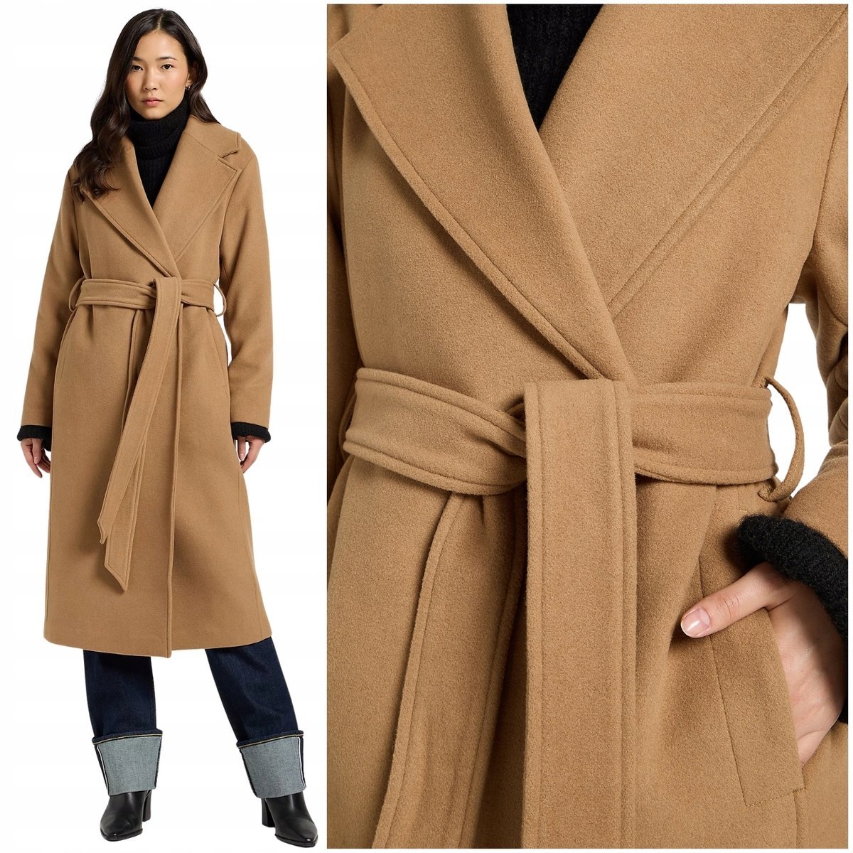 Lee WOOL COAT Dark Camel długi karmelowy płaszcz wełniany damski M