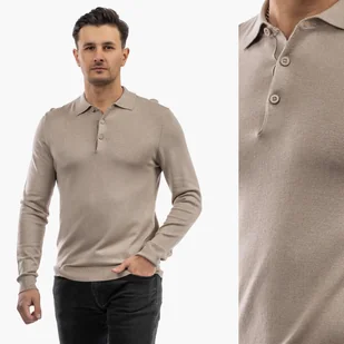 Sweter Męski Z Guzikami Elegancki Wiskoza Dopasowany Beżowy L Beżowy - Swetry męskie - miniaturka - grafika 1