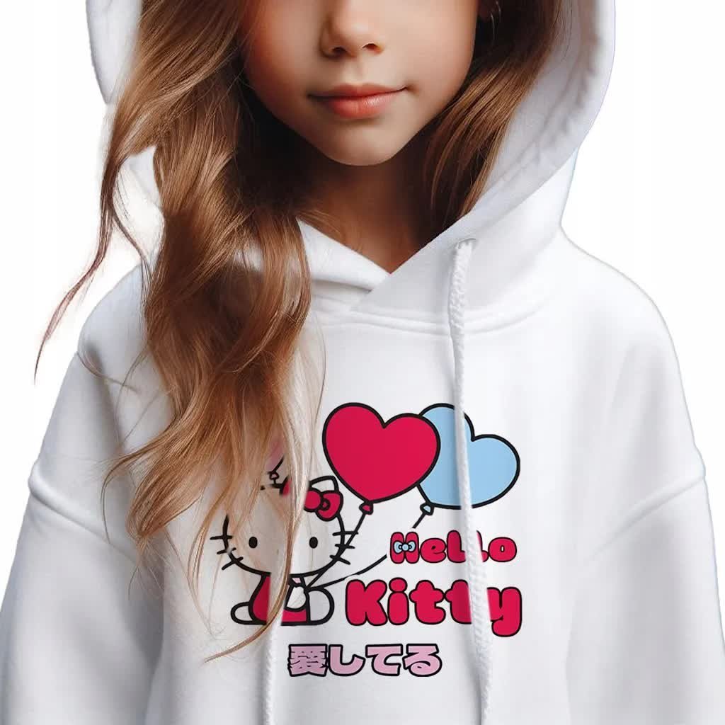 Bluza Dziecięca Biała Z Kapturem Na Prezent Hello Kitty Love Wzory - 152