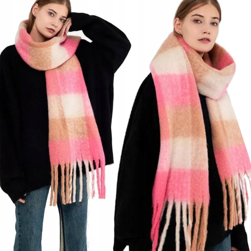 Duży Ciepły Szal Gruby Elegancki Szalik Damski W Kratę Modny Chusta Kolor Różowy