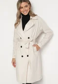 Płaszcze damskie - Beżowy Płaszcz Dwurzędowy Typu Trencz z Wiązanym Paskiem Levita - miniaturka - grafika 1