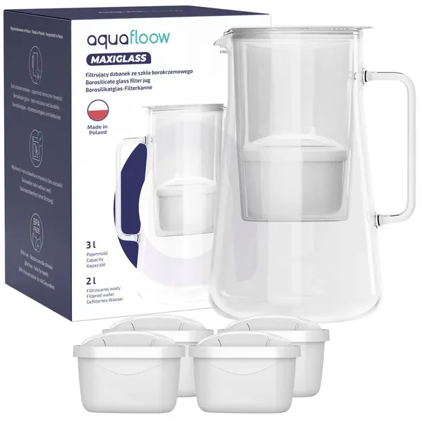 DZBANEK filtrujący SZKLANY AquaFloow MaxiGlass 3l + 5x WKŁAD WODY